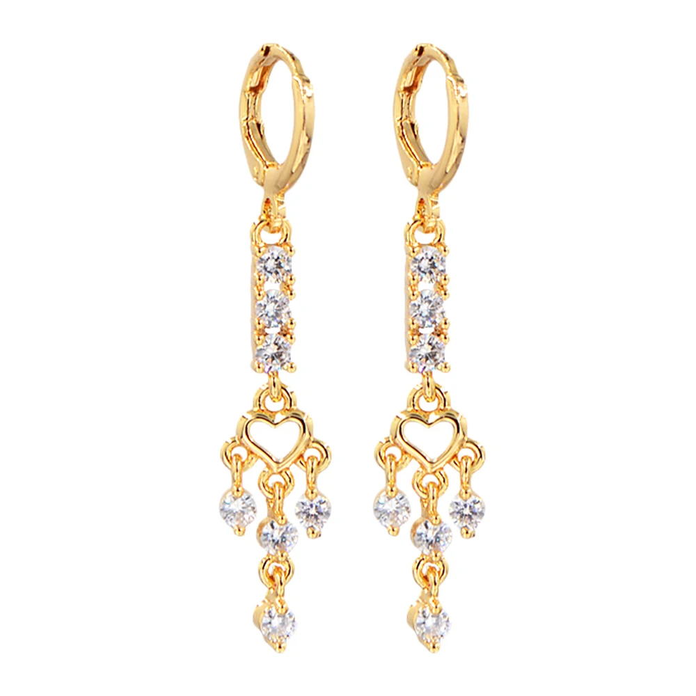 Women CZ Gold Color Drop Earrings Heart Long Dangle Earrings Jewelry