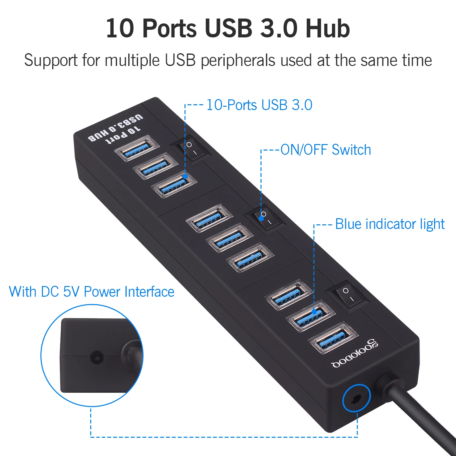 GOOJODOQ 10 Порты и разъёмы USB 3,0 концентратор USB 5V 2A Мощность адаптер usb-хаб 3,0 Зарядное устройство с переключателем Мульти USB разветвитель для Macbook портативных ПК