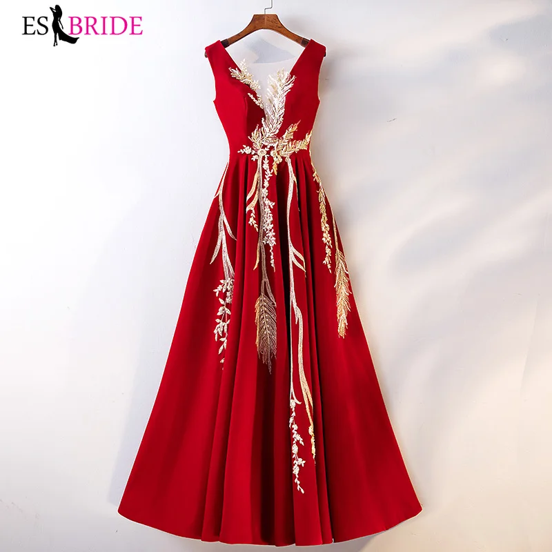 Elegant Red Evening Dresses Long Formal Special Occasion Dresses A-line Evening Dresses Gold Lace Appliques Evening Gowns ES2372 Elegant Red Evening Dresses Long Formal Special Occasion Dresses A-line Evening Dresses Gold Lace Appliques Evening Gowns ES2372