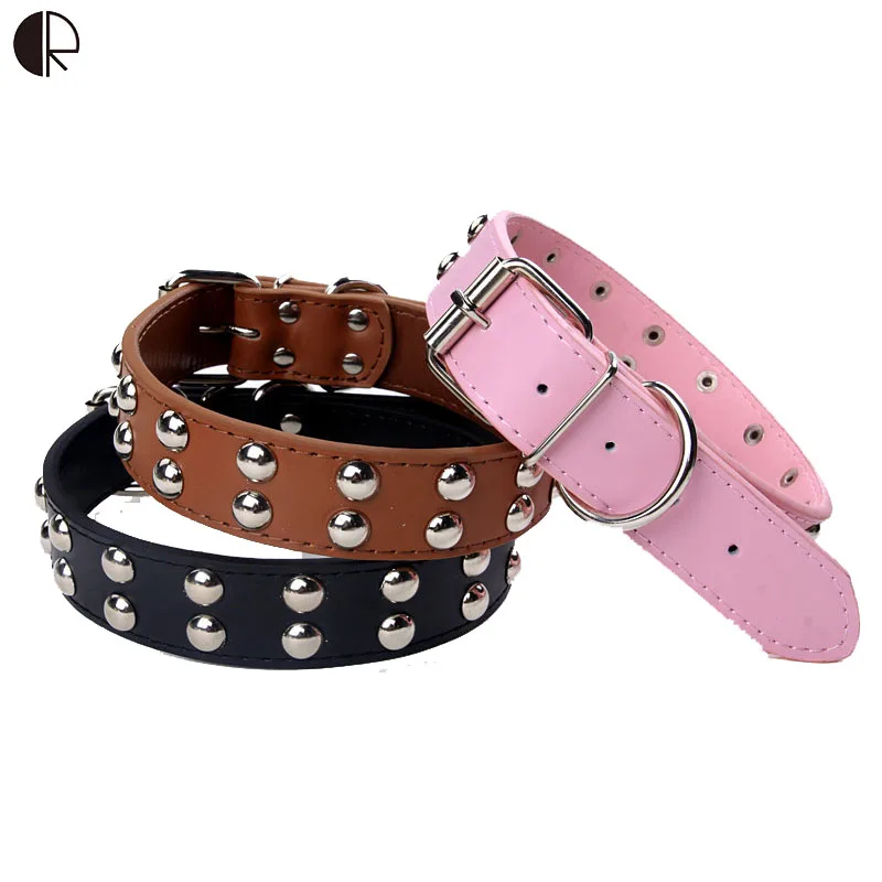 Durable Leather Home Large Dog Collar Round Rivet Studded Necklace for