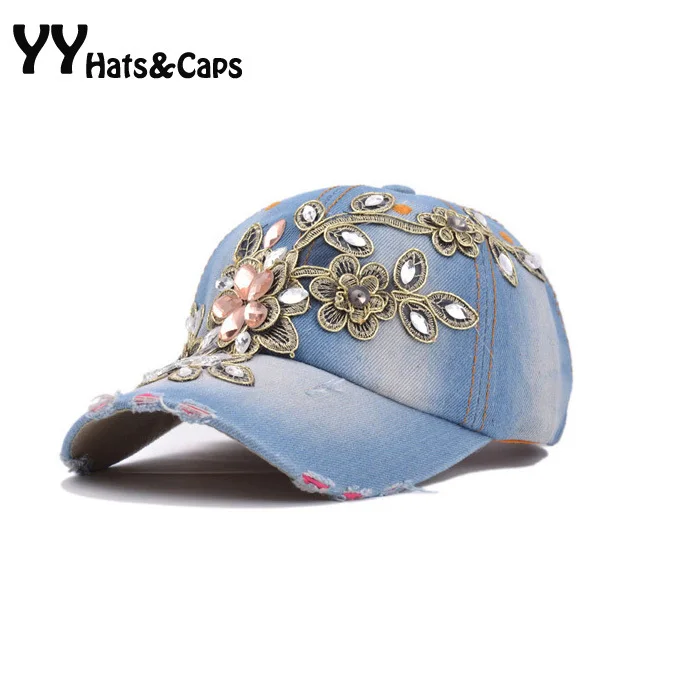 Elegant Baseball Caps For Woman Jeans Diamond Hats New Brand Flower Cap ...