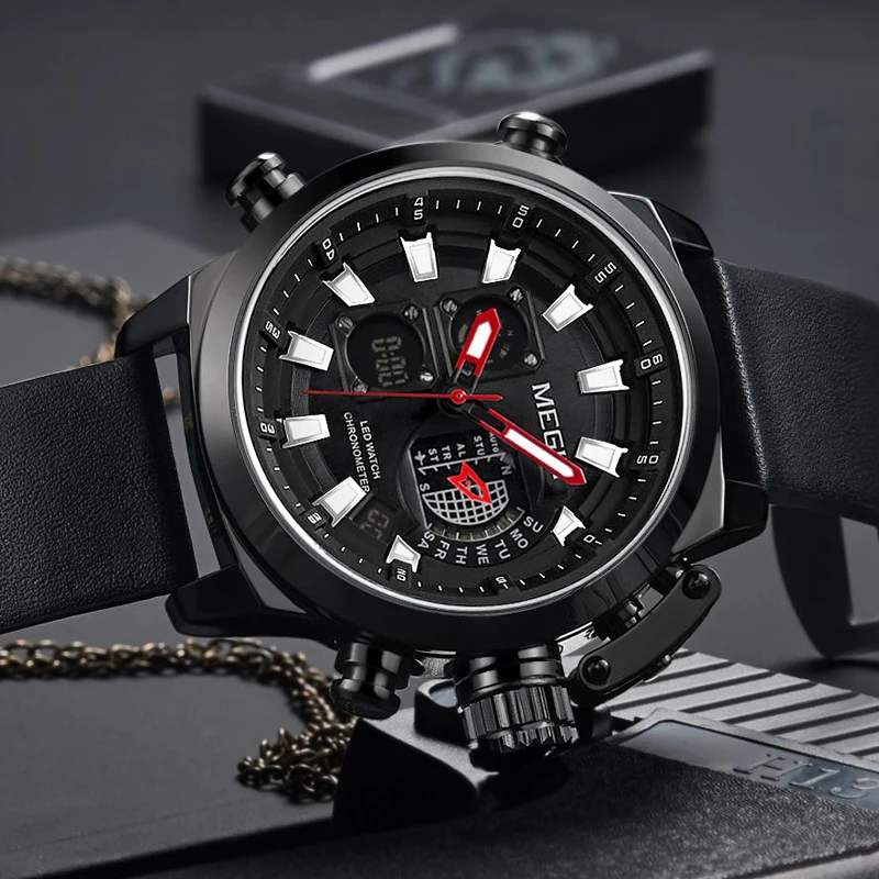 MEGIR New Watch Men Luxury Brand Analog Digital Sports Mens Watches Leather Army Military Waterproo