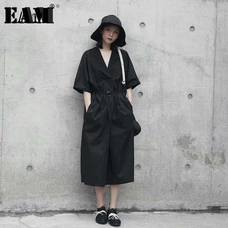 

[EAM] 2019 New Spring V-collar Three-quarter Sleeve Solid Color Black Loose Big Size waist sashes Dress Women Fashion JA693