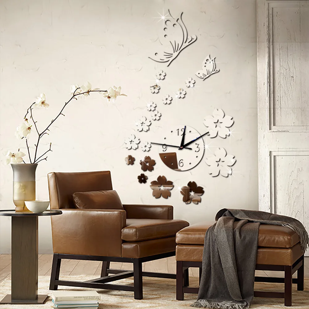 

Creative Butterfly Flowers 3D Mirror Surface Sticker DIY Wall Clock Home Decor Wall Clock Bedroom Living/Meeting/Study Room