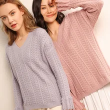 Winter new female V-neck short pullover loose solid color simple wild warm breathable soft and comfortable casual sweater