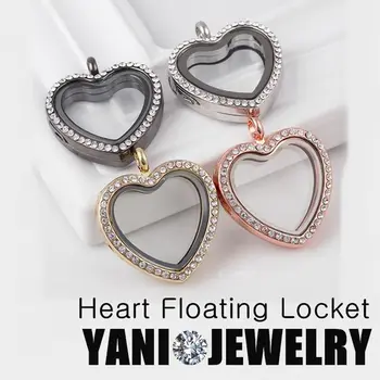 

10pcs Floating Jewelry Mix Color Heart Shape Rhinestone Openable Magnetic Glass Locket for DIY Accessory Charms Include Chain