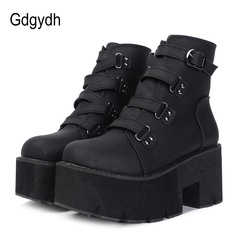 Acheter Gdgydh Printemps Automne Cheville Bottes Femmes Plate Forme Bottes Semelle En Caoutchouc Boucle Noir En Cuir PU Haute Talons Chaussures Femme Confortable