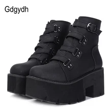 Gdgydh – bottines à plateforme en cuir PU pour femme, chaussures à semelle caoutchouc, avec boucle, talons hauts, confortables, printemps-automne