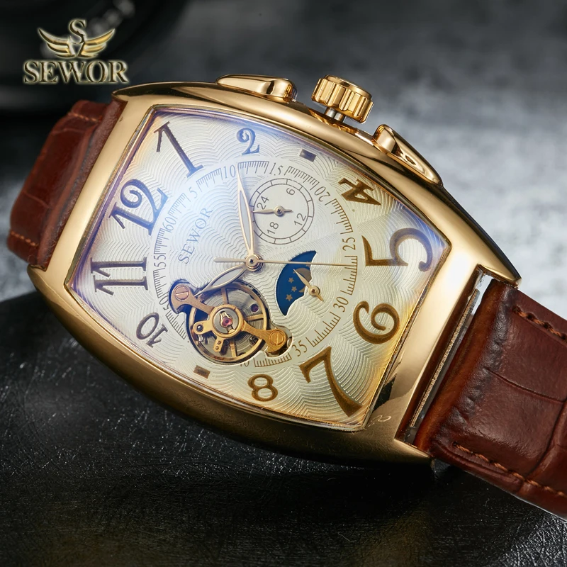 SEWOR люксовый бренд для мужчин s Symphony glass Mirror Tourbillion механические Автоматические часы для мужчин Moon Phase модные спортивные часы C342