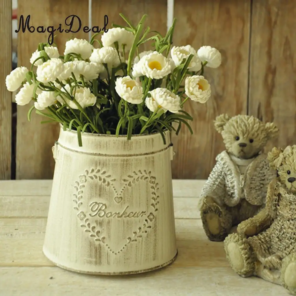 

MagiDeal Rustic Vase White Embossed Pattern Planter Tin Bucket Metal Flower Vase #1/ #2