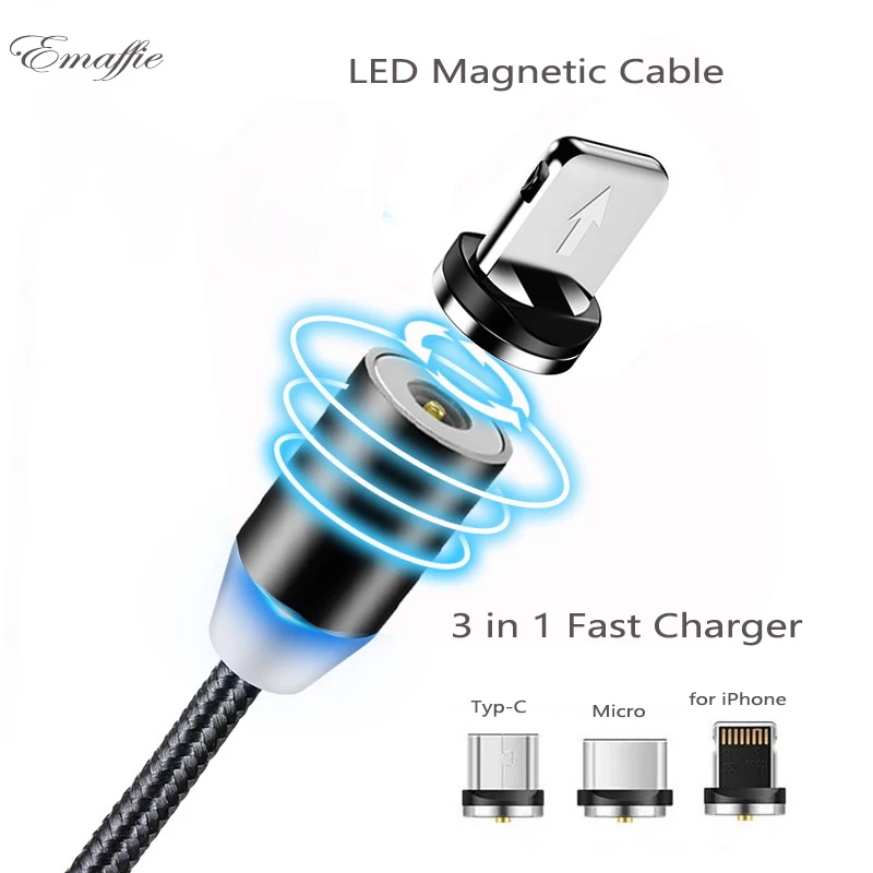 

Micro USB TYP-C Fast Charging Cable for iPhone 7 8 Plus Xiaomi Android Magnetic Cable 3 in 1 LED Lighting Mobile Phone Cables