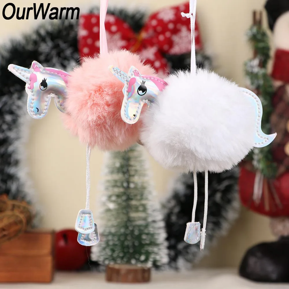 OurWarm Christmas Tree Ornaments Pink White Fluffy Faux Fur Unicorn New