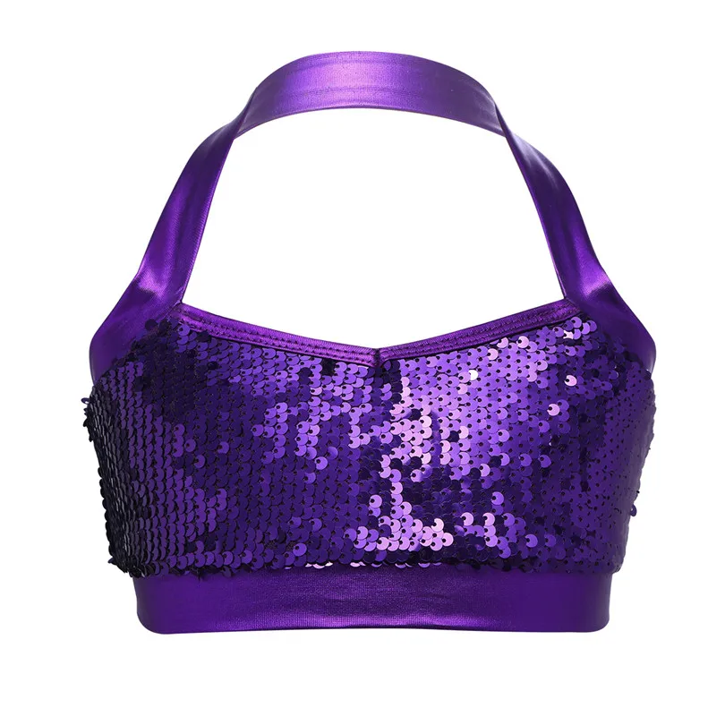 Purple Модный детский бюстгальтер для девочек, топ, блестящий бюстгальтер с блестками, топы, укороченный топ нарядный лиф для балета, танцевальной сцены, SZ 6-14 - Цвет: Purple