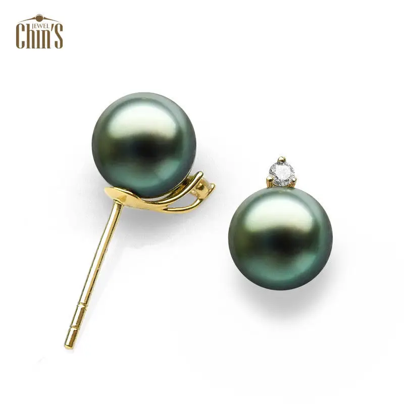 Free Shipping 8 10mm AAA Genuine Green Tahitian Pearl Diamond Stud