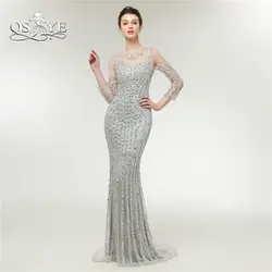 QSYYE 2018 Роскошные бисером Серебряные вечерние платья Robe de Soiree Русалка Полный Бисер с длинным рукавом платье для выпускного вечера вечерние