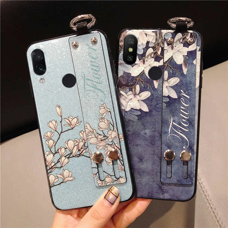

glitter flower phone case for Xiaomi redmi 7 note 7 note 7 pro S2 Y2 6A note 6 pro A2 lite wristband strap holder finger ring