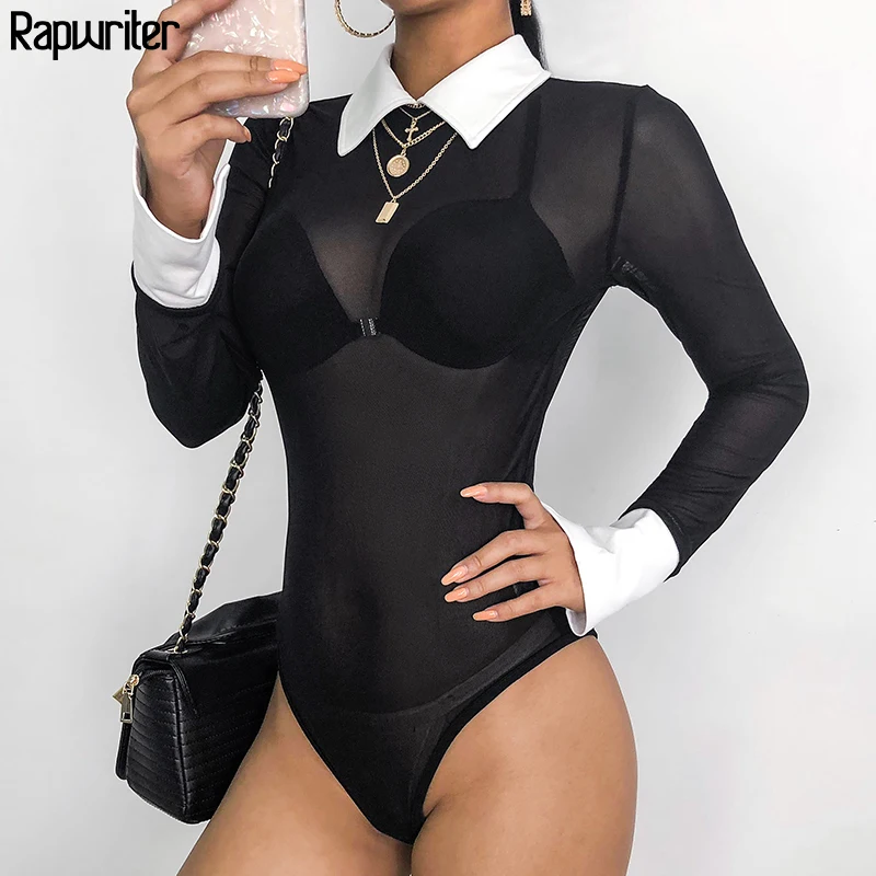 Rapwriter Sexy Transparent Mesh Panelled Skinny Turn-down Collar Bodysuits Women 2020 Summer Long Sleeve Open Crotch Bodysuit Rapwriter Sexy Transparent Mesh Panelled Skinny Turn-down Collar Bodysuits Women 2020 Summer Long Sleeve Open Crotch Bodysuit