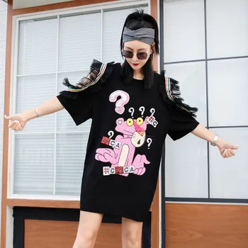

2020 summer tide brand new question mark face pink leopard print sequins long paragraph loose petal sleeves T-shirt top