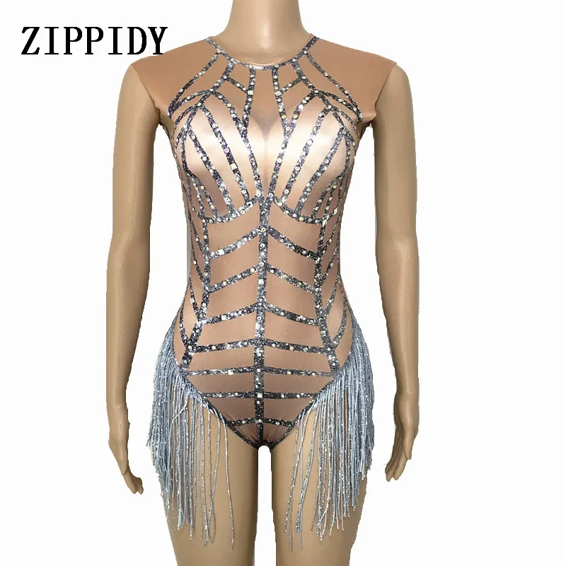 Günstig Glisten Strass Silber Quaste Body Ärmel Big Stretch frauen Party Prom Bar Outfit Bühne Sängerin Zeigen Strampler