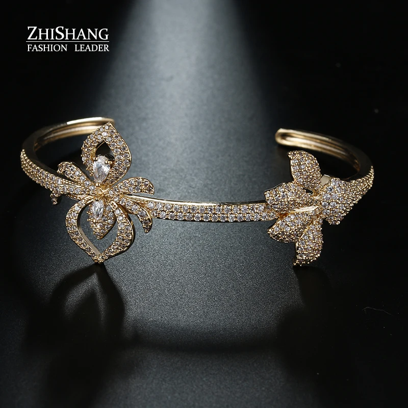 Flower Bangle Bracelet Cubic Zirconia For Momen Bracelets & Bracelets White Gold Color Star