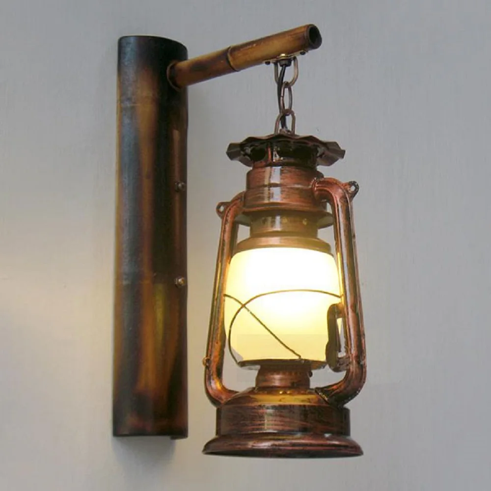 Retro Loft Vintage barn lantern Bamboo Wall lamps Milky Frost glass