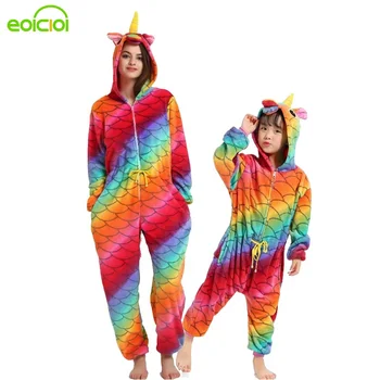 

NEW Flannel Hooded Family Matching Pajamas Outfits Animal Fish Scale Pegasus Pyjamas Onesie Winter Mother Kids Sleepwear Clothes