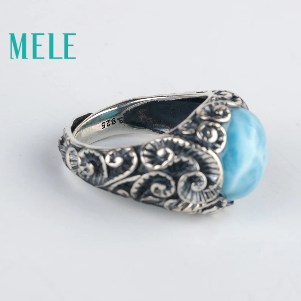 Natural blue Ларимар 925 Серебряные кольца для женщин и человека, 13 мм круглой огранки драгоценных камней с винтажным резьба fine jewelry