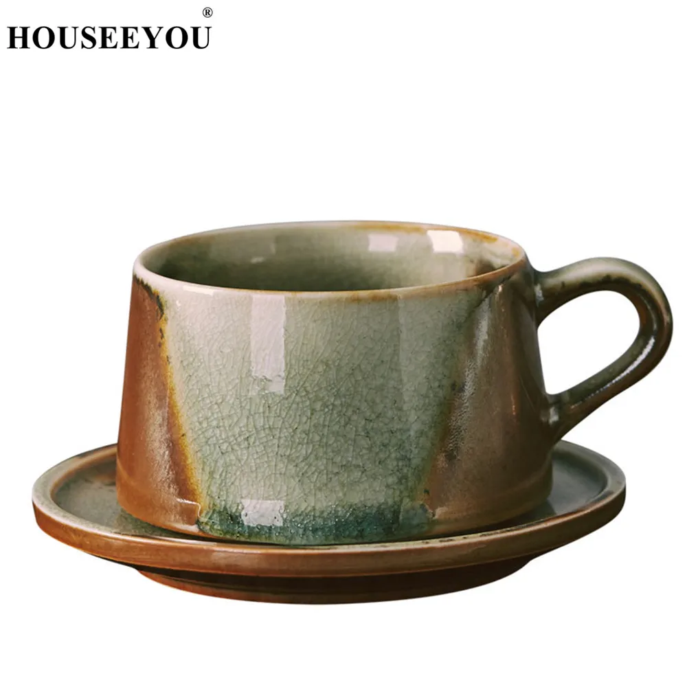 

HOUSEEYOU Handmade Glazed Ceramic Coffee Cup Saucer Set Japanese Pottery Art Teacup Mug for Home Office Drinking Drinkware