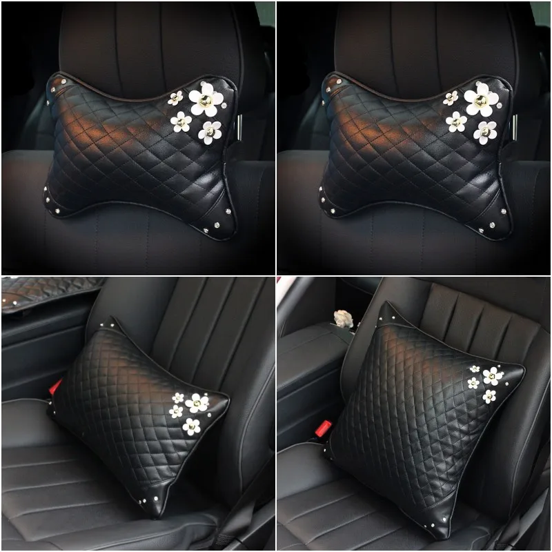 Classic-Leather-Crystal-Car-Neck-Pillow-Headrest-Auto-Seat-Interior-Accessories-Support-Waist-Cushion-5