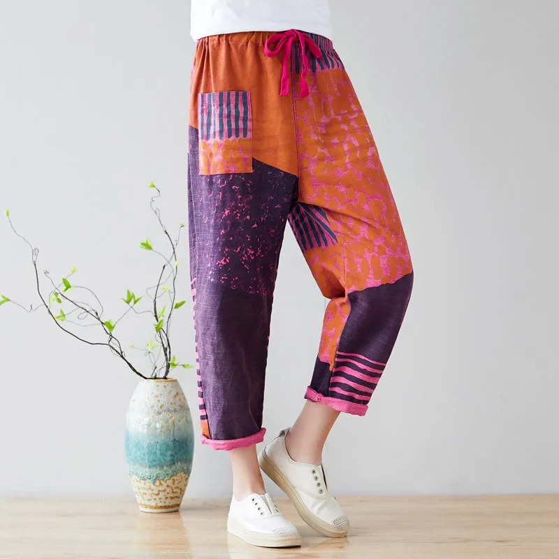 

Spring Summer Trousers for Women Plus Size Print with High Waist Casual 2019 Korean Fashion Pants Female Cotton Line Straight