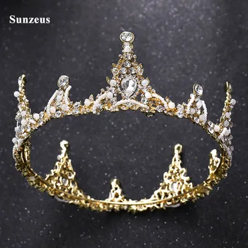 

Gold Bridal Crowns Beading Crystals Princess Tiaras Round Party Hairwear Wedding Head Accessory Queen SQ367