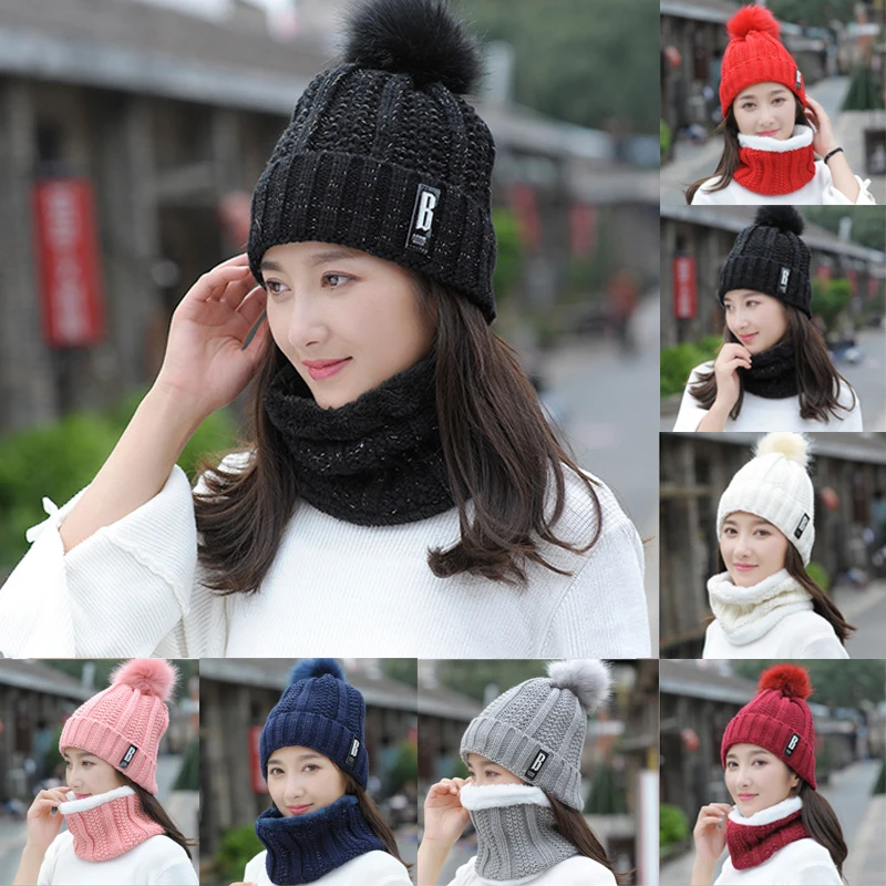 2Pcs Women Winter Scarf Hat Warm Set Solid Knitted Soft Cotton Bib Scarves