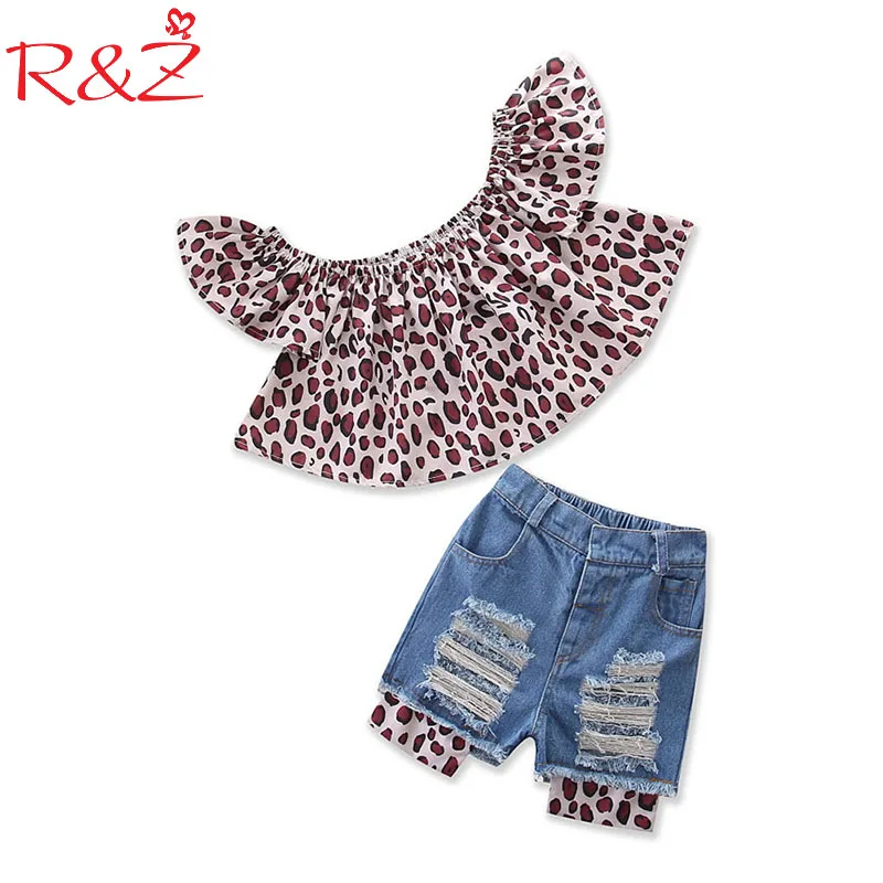 

R&Z Ins Fashion 2018 New Kids Clothing Girls Suit Leopard Print One-word Collar Top+Jeans Shorts 2 Pieces Baby Girls Clothes Set