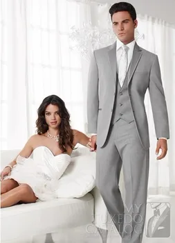 Cena Modne Męskie Garnitury Groomsmen Notch Lapel Groom Smokingi światła Szare Paski ślubne Najlepszy Człowiek Garnitur (kurtka + Spodnie + Krawat + Kamizelka) A60