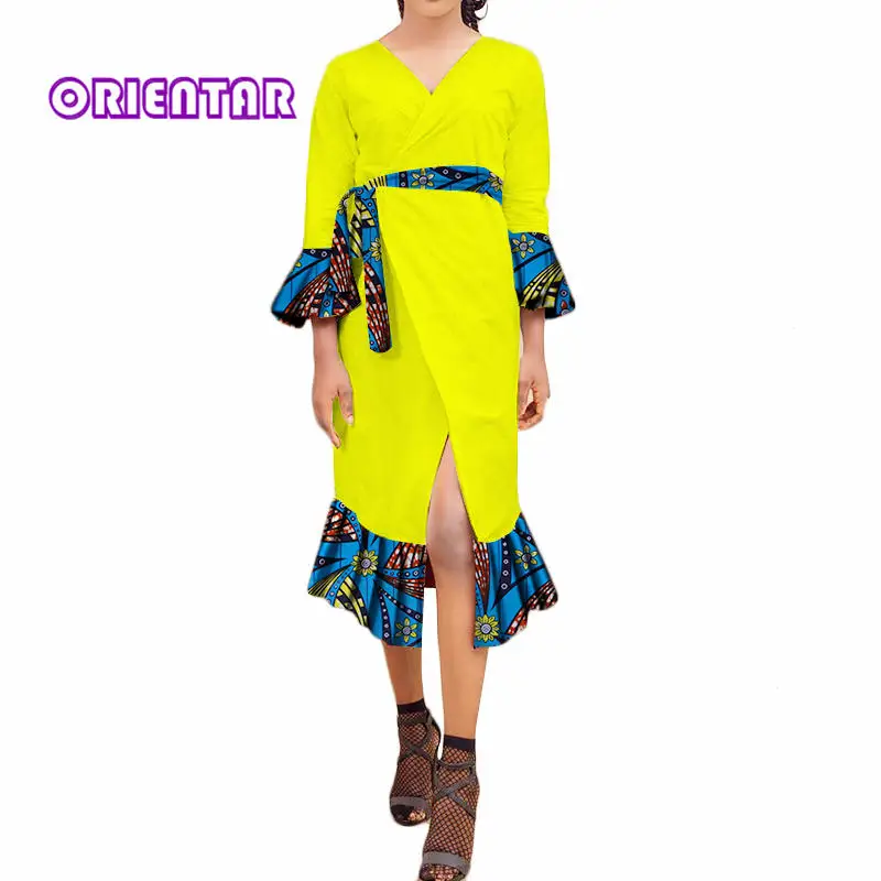 Элегантные женские африканские платья с расклешенными рукавами Sash wrap платье с v-образным вырезом сексуальные африканские принты Bazin Riche с