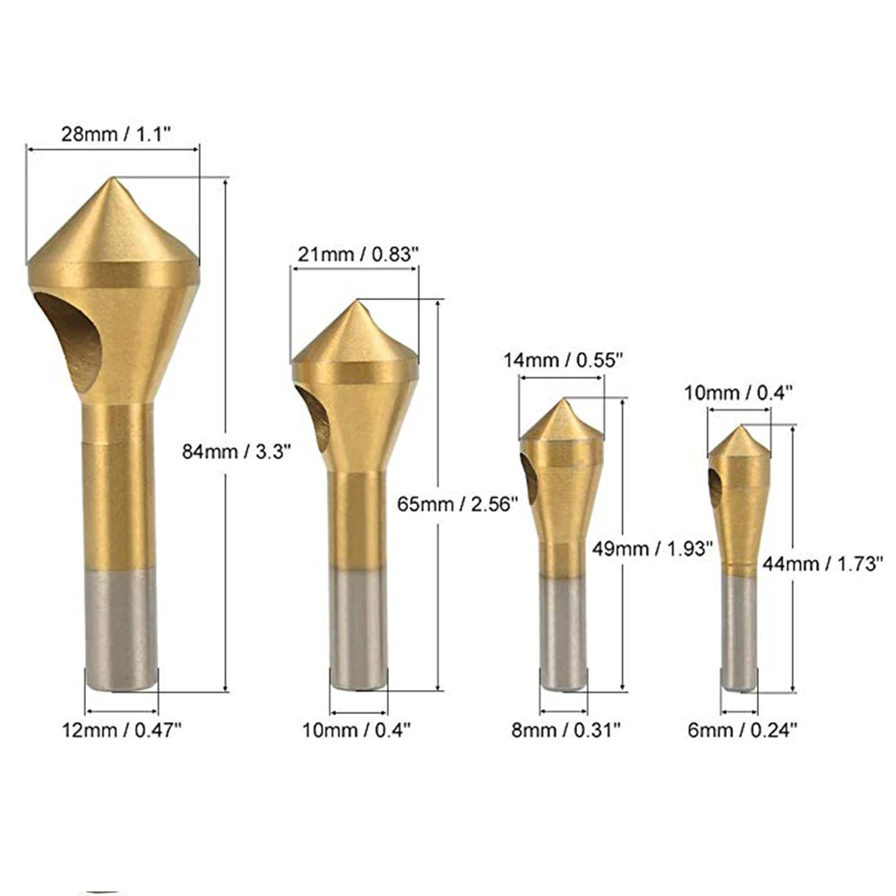 4pc High-Speed Steel Titanium-Plated Hole Cutte Oblique Hole Chip Removal Countersunk Head Chamfering Tools