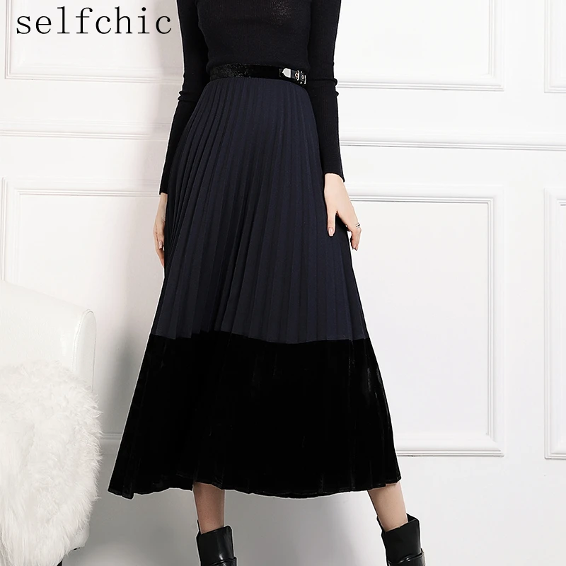 Office Women Velvet Patchwork Long Skirt Designer Long Pleated Skirts