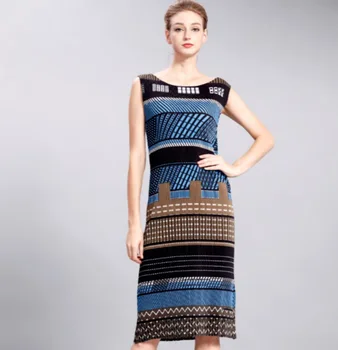 

Miyake folds sleeveless dress summer digital printing pleated round neck Slim national wind thin and medium length
