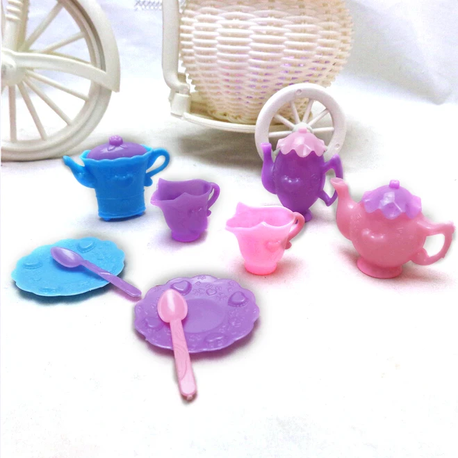 

9 Pcs Mini Tableware Tray Teapot Cup Spoon For Barbies Dollhouse Colorful Furniture Pretend Play Girls Gifts Dolls Accessories