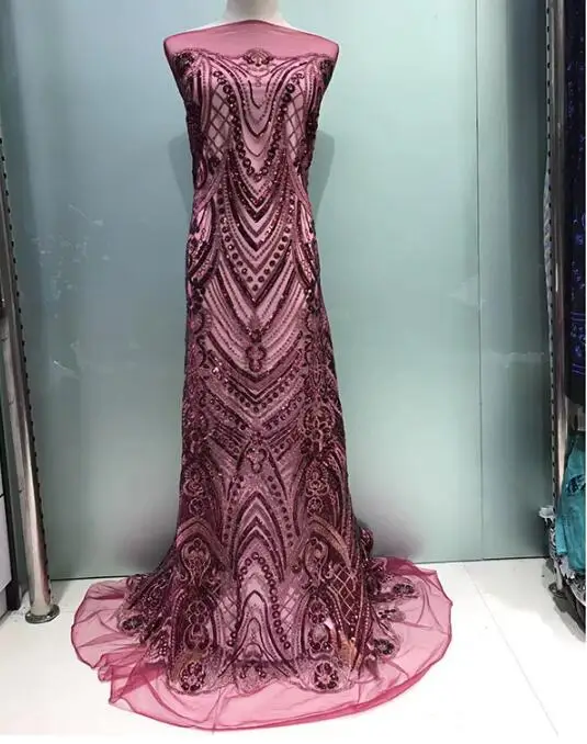 

wine red Sequined African Lace Fabric With Sequins 2017 New Design Indian Net Tissu Women Party Dress French Sequin Mesh Tulle