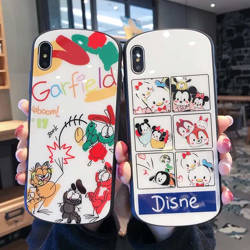 

Cute Comic Style Cartoon Garfield Mickey Minnie Mouse Phone Case For iphone 7 8 Plus X XR XS MAX Tempered Glass Back Cover Funda