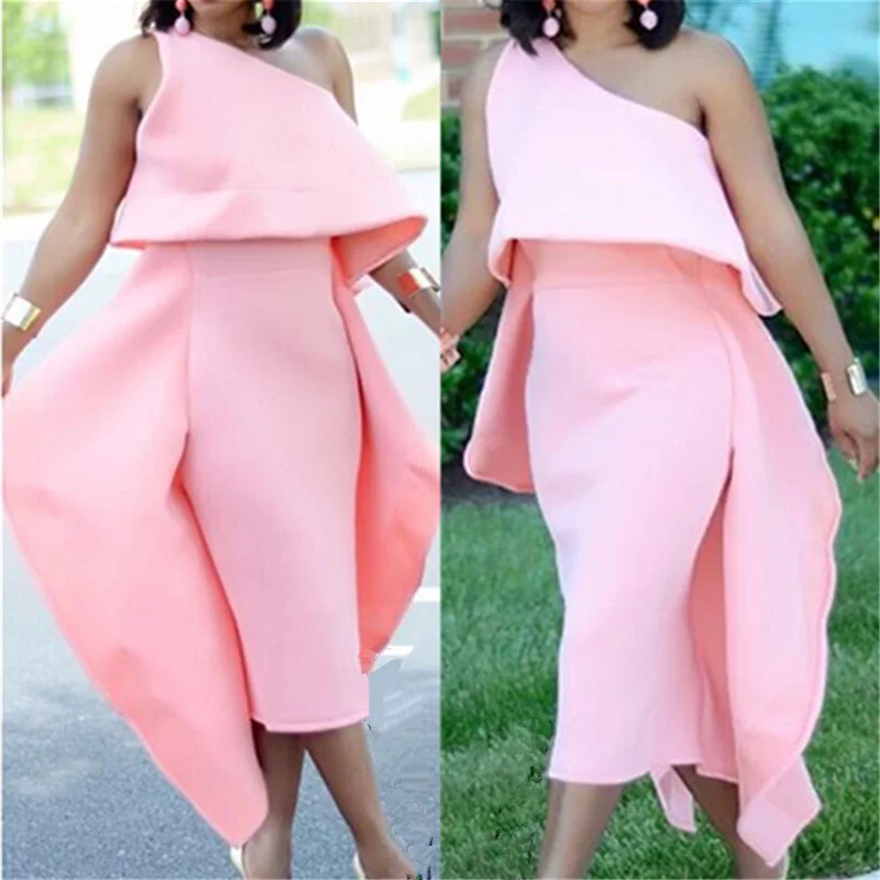 

Women Summer Party Dresses One Shoulder Ruffles Backless Pink Celebrate Dinner Evening Night Club Sexy Slim Classy Robes Tunics