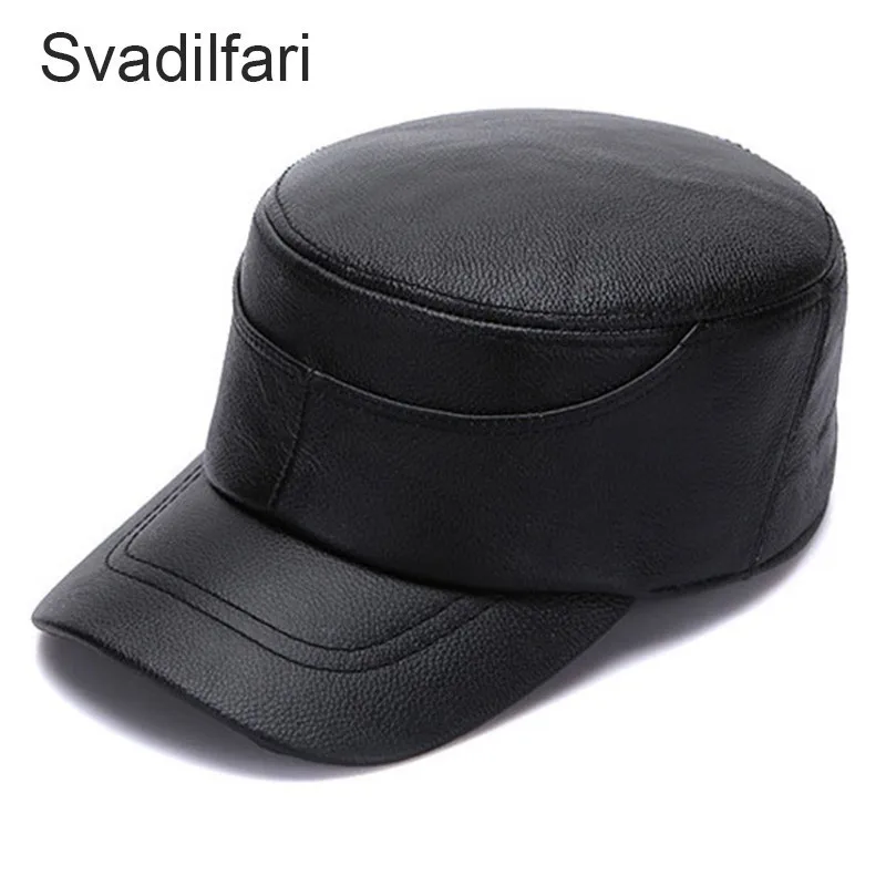 

Spring Winter 2019 Dad Hat 100% Genuine Leather Military Hats for Men Flat Cap Captain Army Sailor Cowhide Caps Black Brown