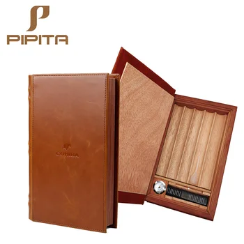 

COHIBA Elegant Book Design Cedar Wood Cigar Humidor Box Portable Leather Cigar Travel Case With Cutter Humidifier Hygrometer