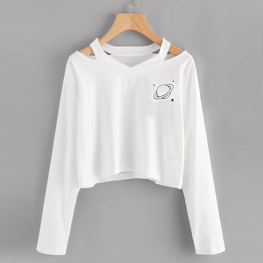 

ISHOWTIENDA Fashion Women Tops and Blouses Casual Planet Printed Long Sleeve Top Shirt Cold Shoulder Blouse Haut Femmes Mode