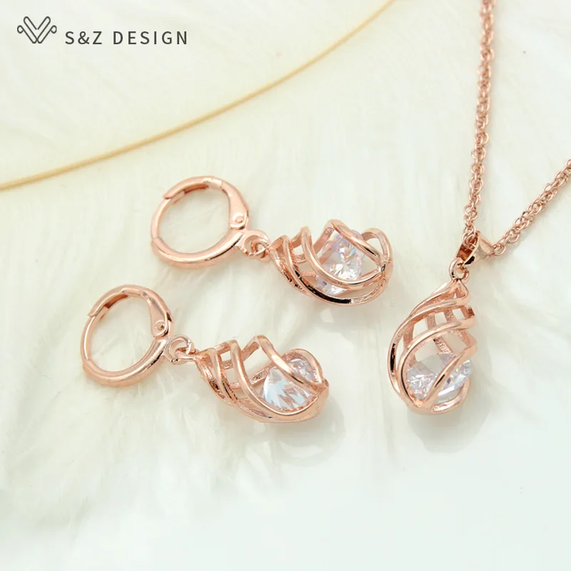 S&Z Spiral Hollow Water Drop Dangle Drop Zircon Earrings 585 Rose Gold Color Jewelry Set For Women Gift Anti-allergy Eardrop - Image 4