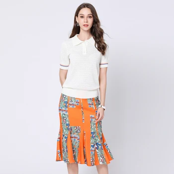 

2019 Summer Women's Fashion Hollow Out Lapel Short-sleeved Blouse Top + Elegant Printed Mermaid Skirt Suit Two-piece Sets Femme