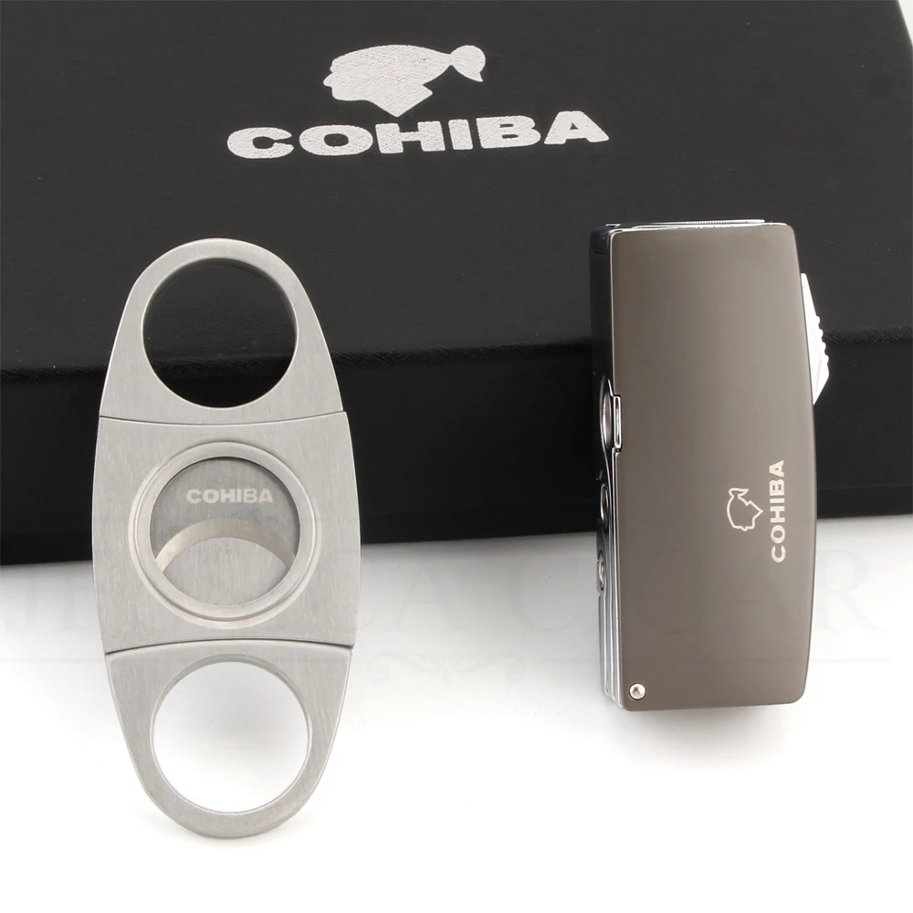

COHIBA Gadgets Metal Cigar Cutter Guillotine Built-in Punch Stainless Multifunctional Gas Cigar Cigarette Lighter With Gift Box