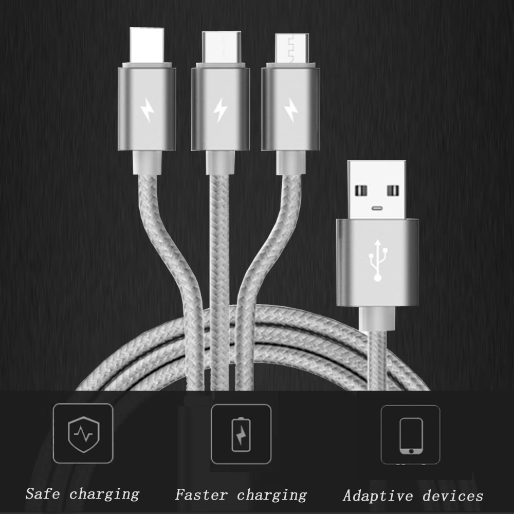 

10 pcs 3 in 1 nylon braided charging cable Micro USB for Type C Charger Cable for iPh Cord Fast Charging Cables for Android
