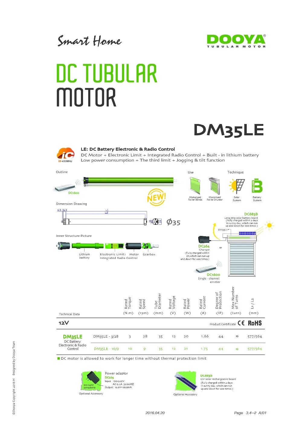 Dooya трубчатый dm35le-3/28 dm35le-10/9 50 мм трубы литиевая батарея мотор для рулонных штор